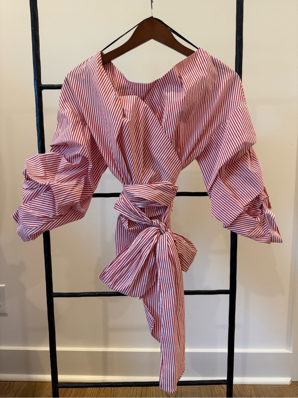 Zara Red and White Striped Wrap Blouse with Voluminous Puff Sleeves